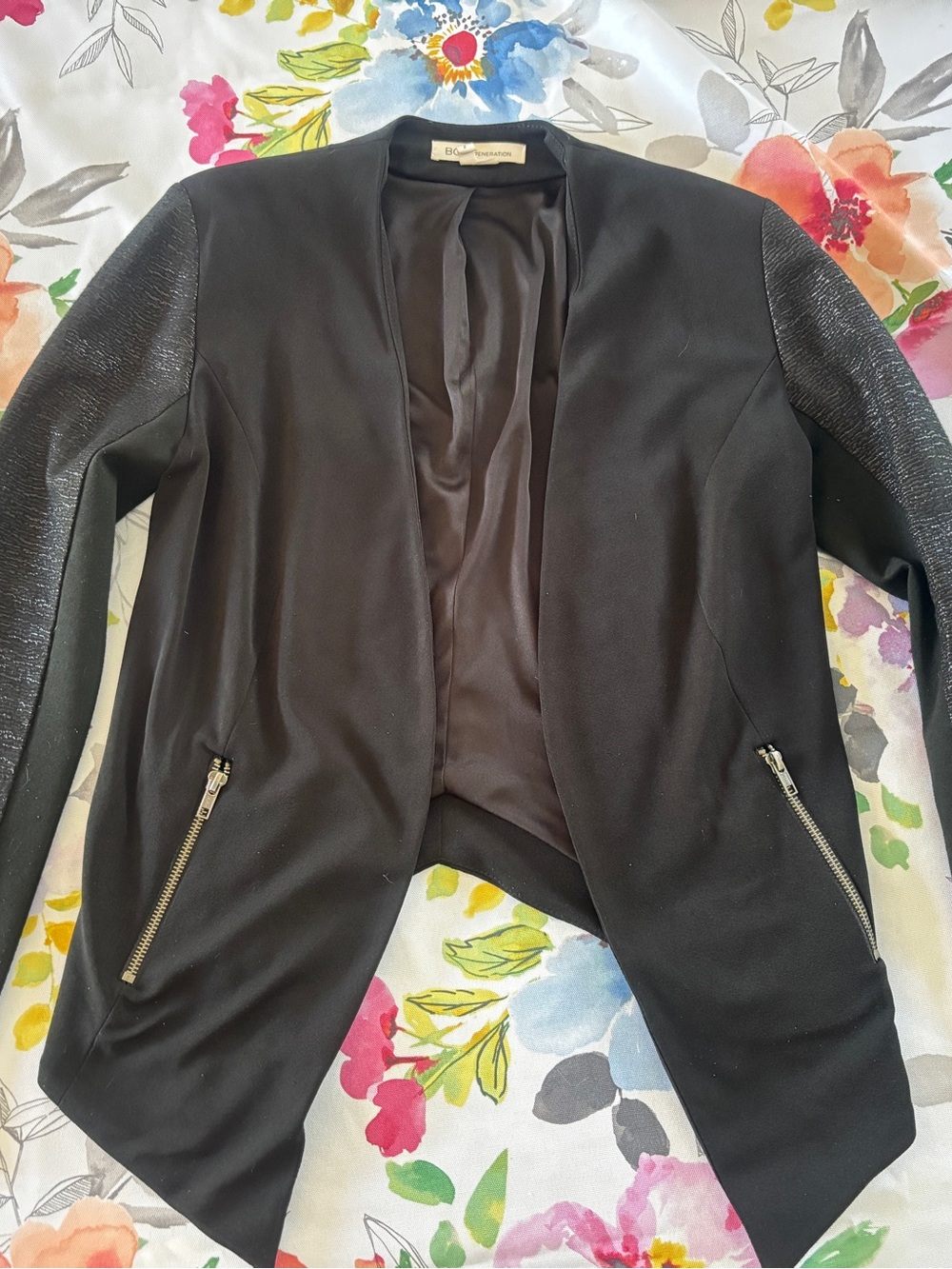 BCBGeneration Black Open-Front Blazer with Textured Sleeves